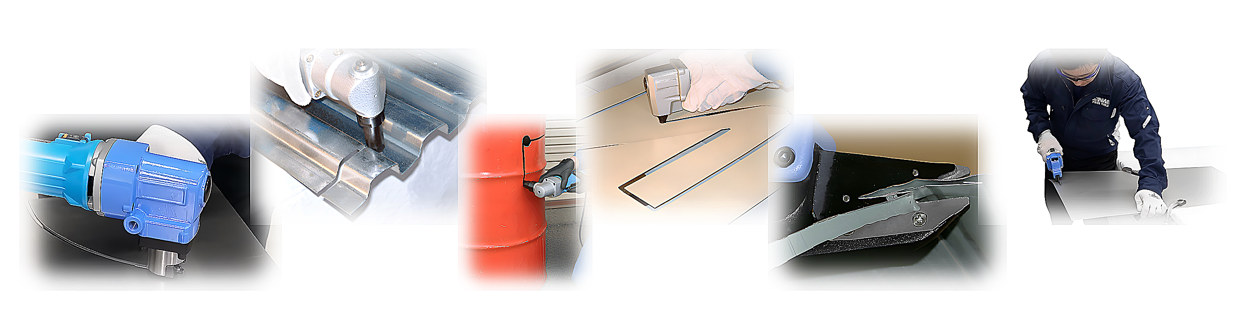 サンワの切断工具（ニブラ／ハイカッター／キーストンカッター）による金属板や波板、バンドの切断作業をまとめた使用イメージ。現場での多用途カットを表現。