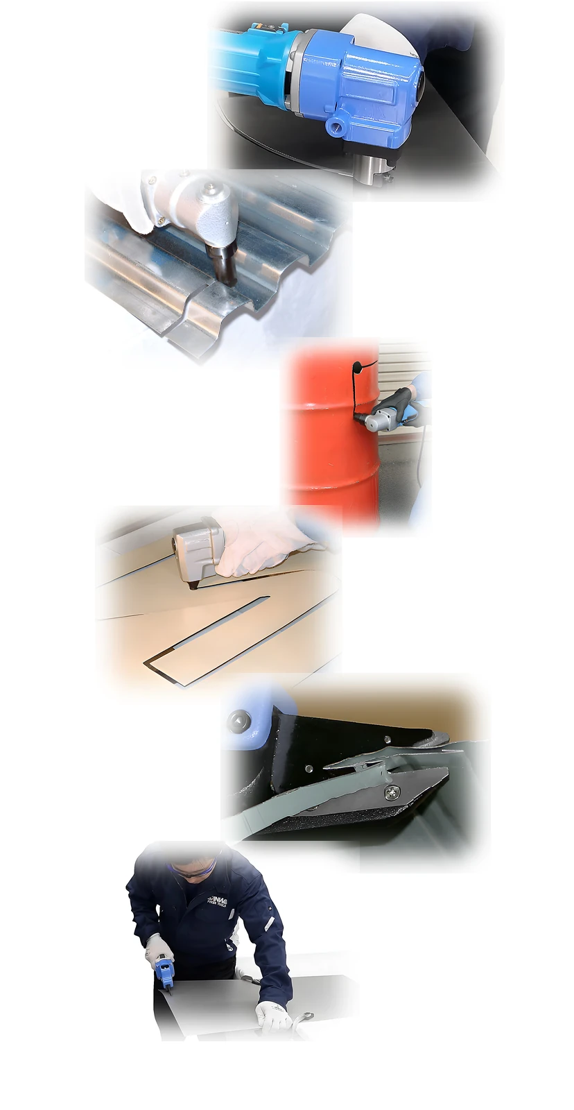 サンワの切断工具（ニブラ／ハイカッター／キーストンカッター）による金属板や波板、バンドの切断作業をまとめた使用イメージ。現場での多用途カットを表現。